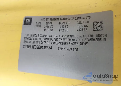 2013 Chevrolet Camaro 2Ls из США, поврежденный, VIN 2G1FA1E32D9146534